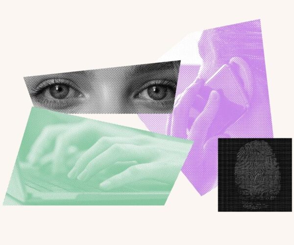 A colorful collage featuring eyes, hands typing on a keyboard, a woman speaking on a cell phone and a fingerprint.