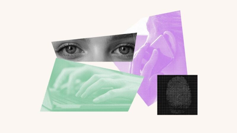 A colorful collage featuring eyes, hands typing on a keyboard, a woman speaking on a cell phone and a fingerprint.