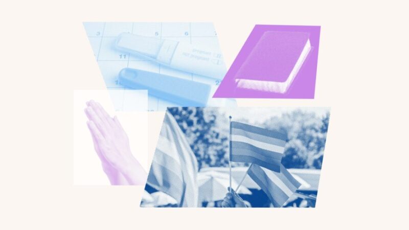 A blue and purple photo collage with hands praying, a pregnancy test, a bible and a flag