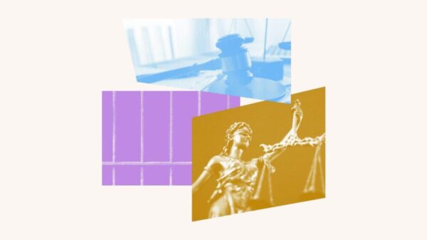 A colorful photo collage featuring jail bars, a gavel and a justice statue