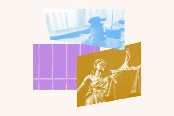 A colorful photo collage featuring jail bars, a gavel and a justice statue