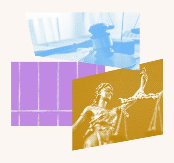 A colorful photo collage featuring jail bars, a gavel and a justice statue