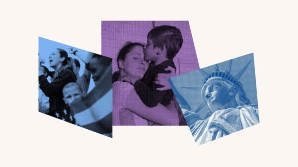 A blue and purple photo collage with protestors, a flag, a mother and a child and the statue of liberty