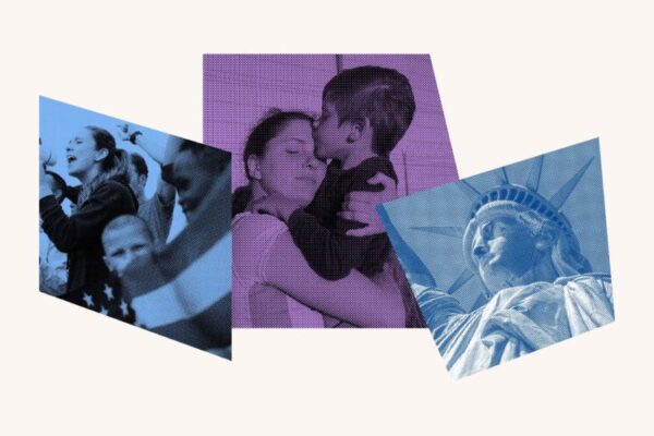 A blue and purple photo collage with protestors, a flag, a mother and a child and the statue of liberty