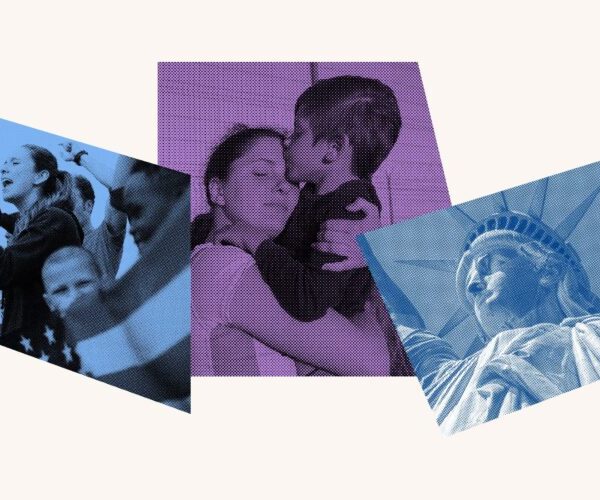 A blue and purple photo collage with protestors, a flag, a mother and a child and the statue of liberty