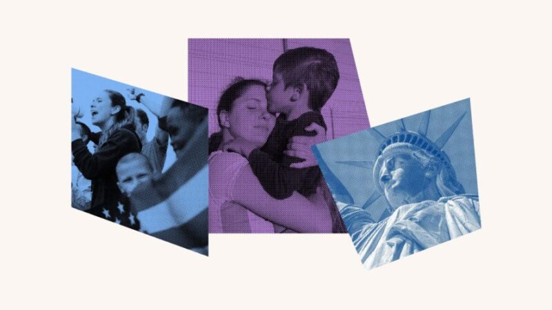 A blue and purple photo collage with protestors, a flag, a mother and a child and the statue of liberty