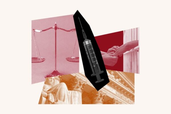 Red and orange photo collage with a justice scale, syringe, hands and a government building