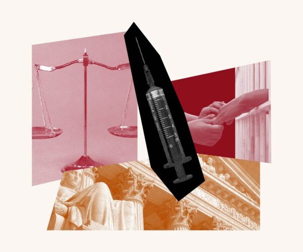 Red and orange photo collage with a justice scale, syringe, hands and a government building
