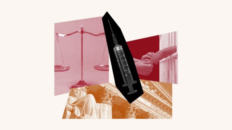 Red and orange photo collage with a justice scale, syringe, hands and a government building