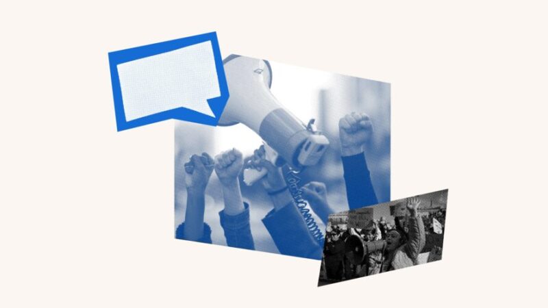 A photo collage featuring a chat box, a megaphone with people raising their fists and protestors