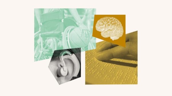 Green and yellow photo collage that includes a wheelchair, a brain, a hearing aid and a finger reading braille