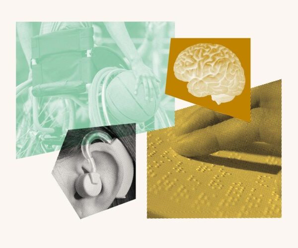 Green and yellow photo collage that includes a wheelchair, a brain, a hearing aid and a finger reading braille