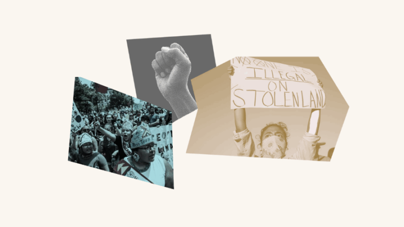 Photo collage with protestors, a raised fist and a sign that says "No one is illegal on stolen land"