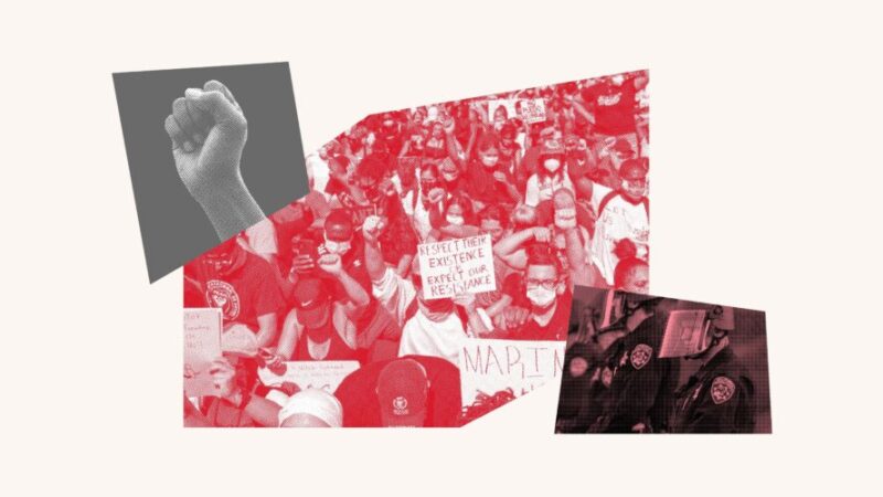 A red photo collage with a raised fist and crowds protesting