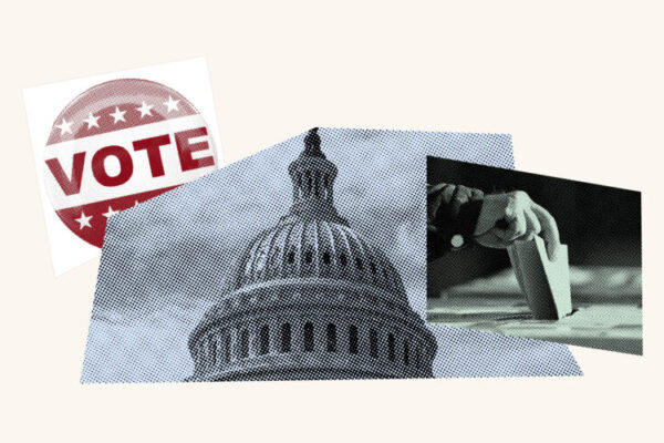 A photo collage with a voter sticker, the top of the White House and a ballot being cast