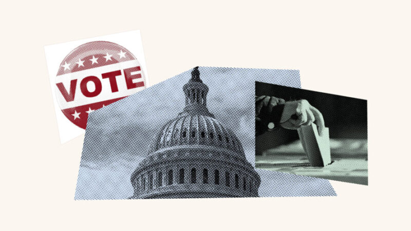 A photo collage with a voter sticker, the top of the White House and a ballot being cast