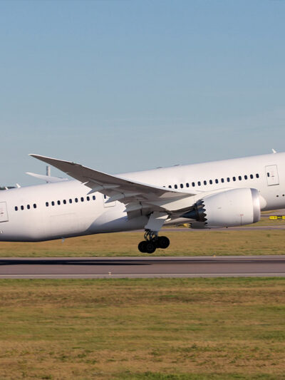 A big passenger airplane taking off.