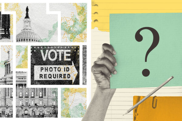 A collage banner that reflects voting rights imagery and a quiz question ard