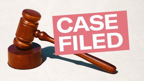 Image of gavel with the text, "CASE FILED" above it in a red box.