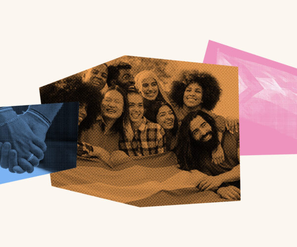 A colorful photo collage with hands holding each other, a group of people smiling and the Pride flag