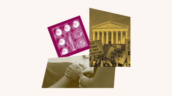 A photo collage with birth control, someone holding a pregnant person's hand and protesters