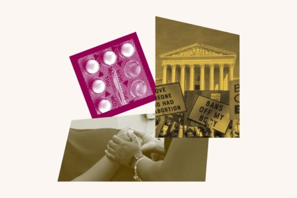 A photo collage with birth control, someone holding a pregnant person's hand and protesters