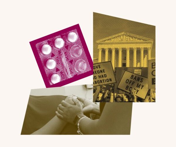 A photo collage with birth control, someone holding a pregnant person's hand and protesters