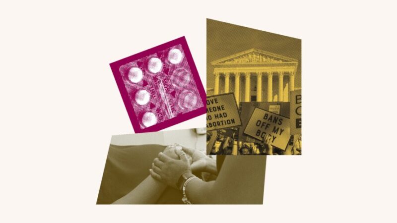 A photo collage with birth control, someone holding a pregnant person's hand and protesters
