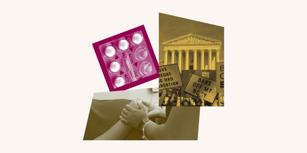 A photo collage with birth control, someone holding a pregnant person's hand and protesters