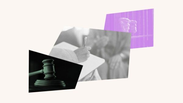 Photo collage with a gavel, someone taking notes during an interview and hands on prison bars