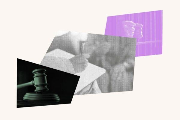 Photo collage with a gavel, someone taking notes during an interview and hands on prison bars