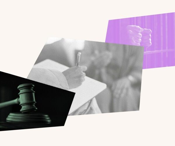 Photo collage with a gavel, someone taking notes during an interview and hands on prison bars