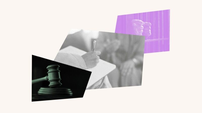 Photo collage with a gavel, someone taking notes during an interview and hands on prison bars