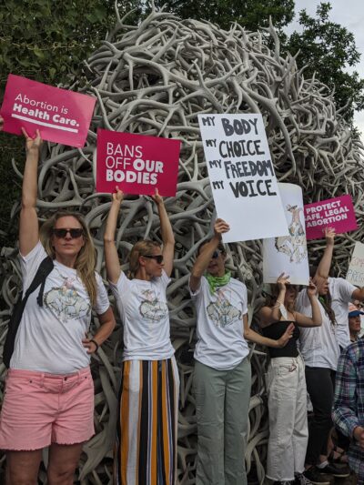 Image of people holding protest signs in Jackson, WY town square