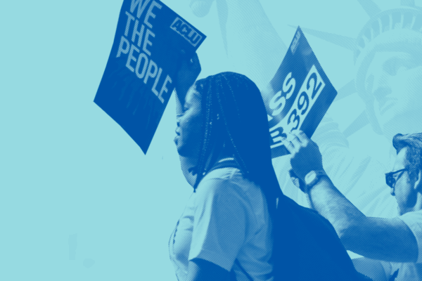 Image of two people at a protest placed over a blue background with the statue of liberty.