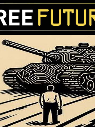 Free Future: A woodcut-style image of a man in front of a tank with circuit board design on it