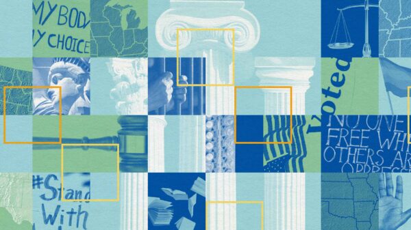 Colorful collage featuring images of pedestals, papers and gavels in blue and green tones.