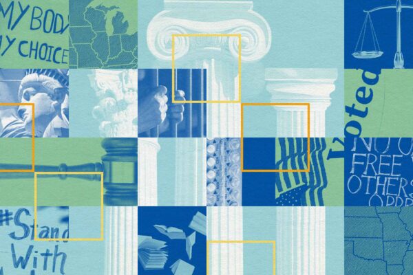 Colorful collage featuring images of pedestals, papers and gavels in blue and green tones.