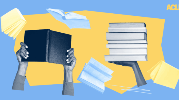 An graphic image of hands holding up books to signify the need to protect the right to read in Wyoming.