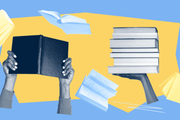 An graphic image of hands holding up books to signify the need to protect the right to read in Wyoming.