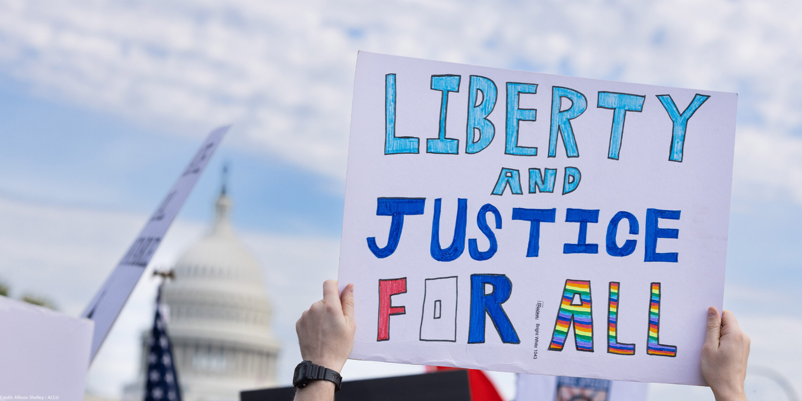A demonstrator holds up a sign that reads, "LIBERTY AND JUSTICE FOR ALL" at the No Kings National Day of Action protest near the U.S. Capitol building in Washington, D.C., October 18, 2025.