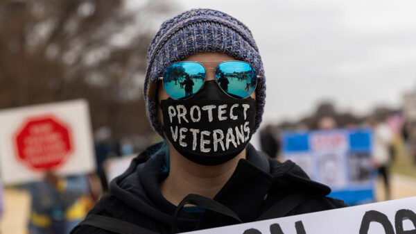 A demonstrator wears a mask with the text ''Protect Veterans'' during the ''Veterans March'' at the National Mall in Washington.