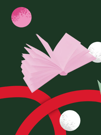 A graphic that includes images pertaining to reading and the holidays.