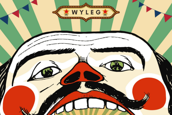 Image of a clown with a background of green and tan stripes and a banner that says "WY LEG"