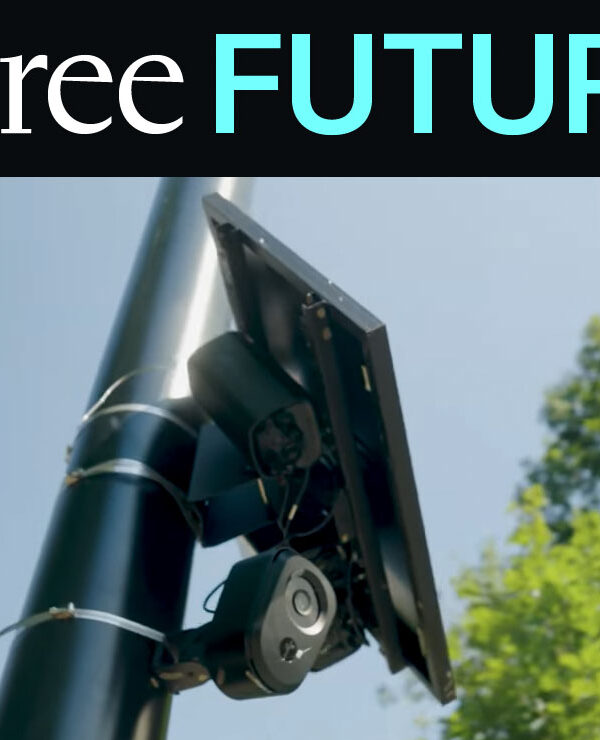 A license plate reader against sky and trees