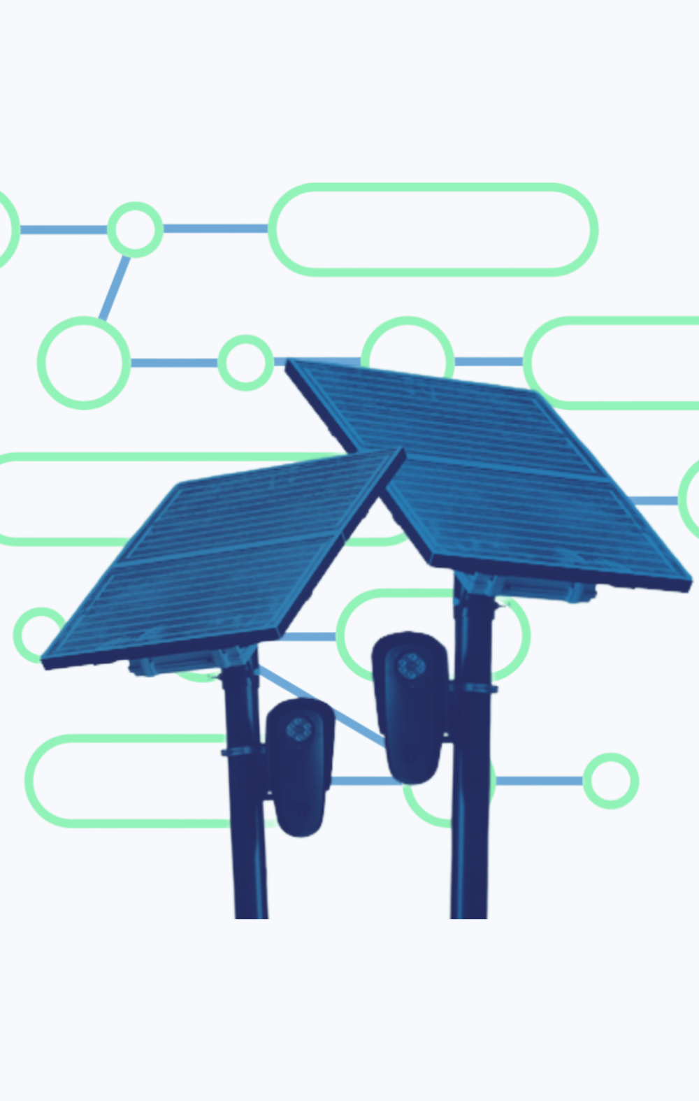 Blue and green graphic with an image of Flock Safety cameras