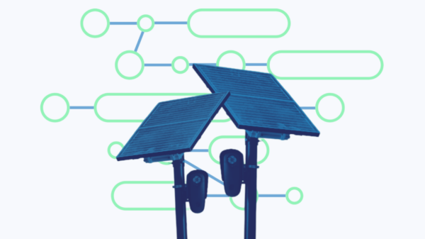 Blue and green graphic with an image of Flock Safety cameras