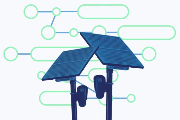 Blue and green graphic with an image of Flock Safety cameras