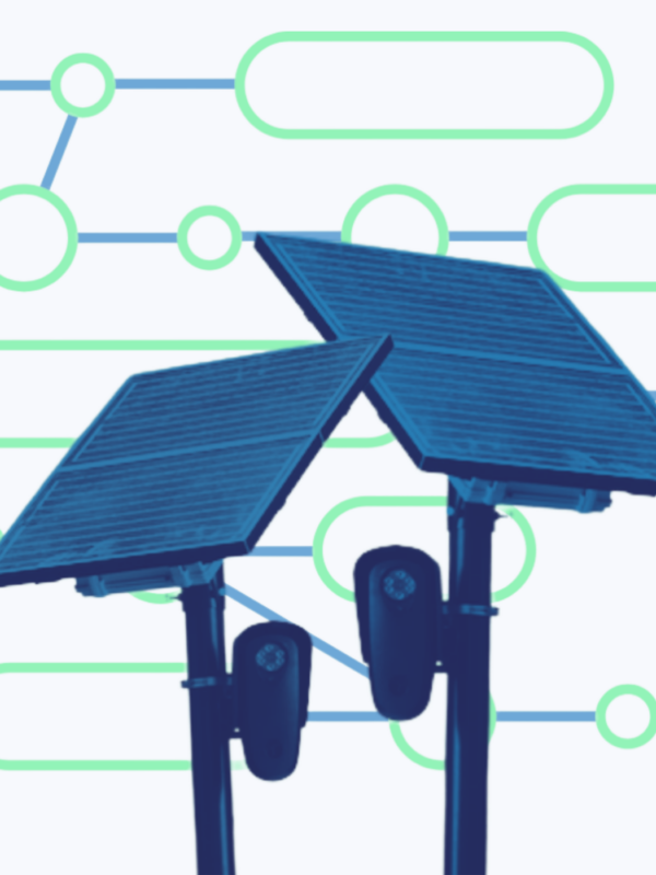 Blue and green graphic with an image of Flock Safety cameras