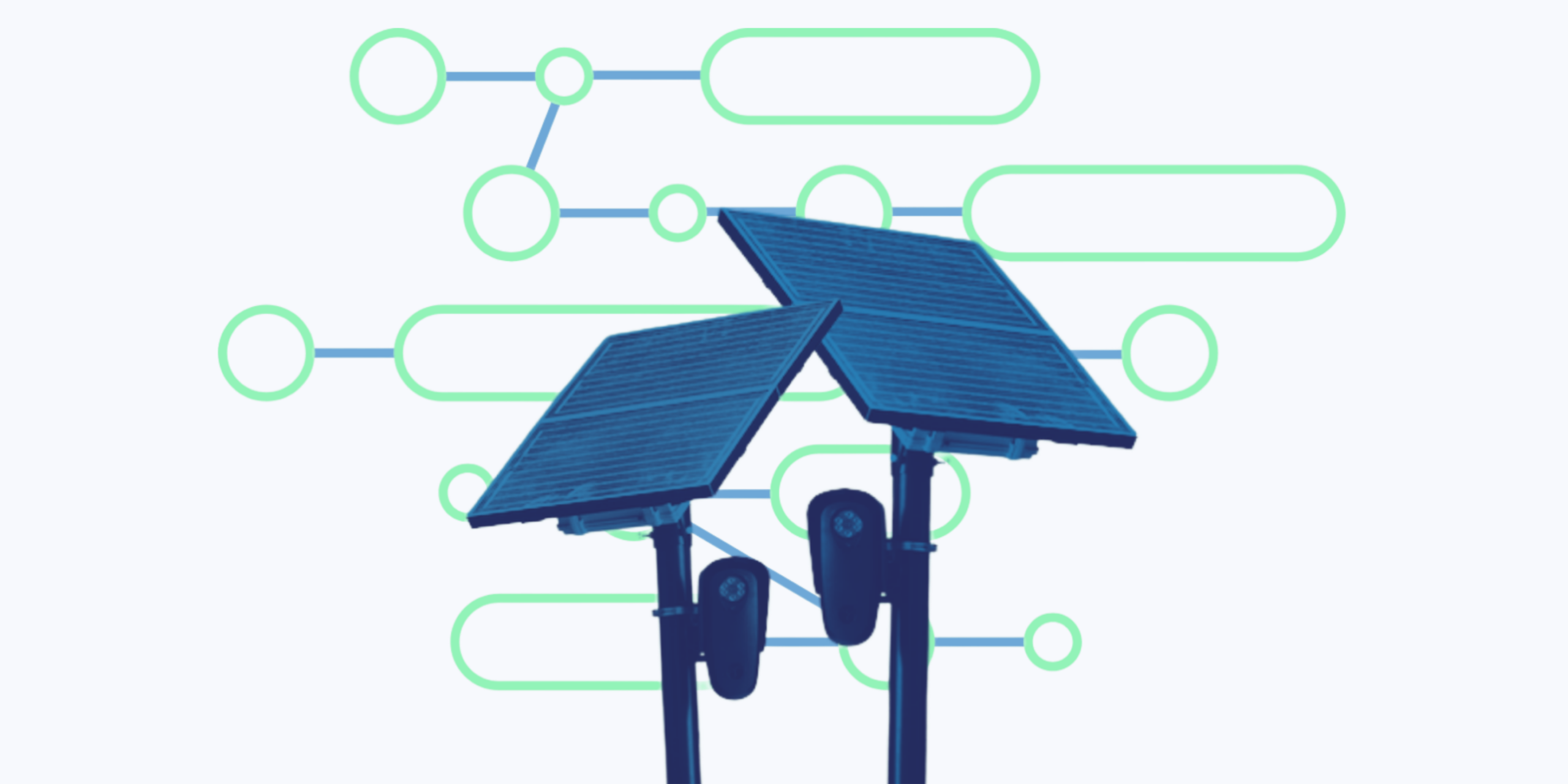 Blue and green graphic with an image of Flock Safety cameras